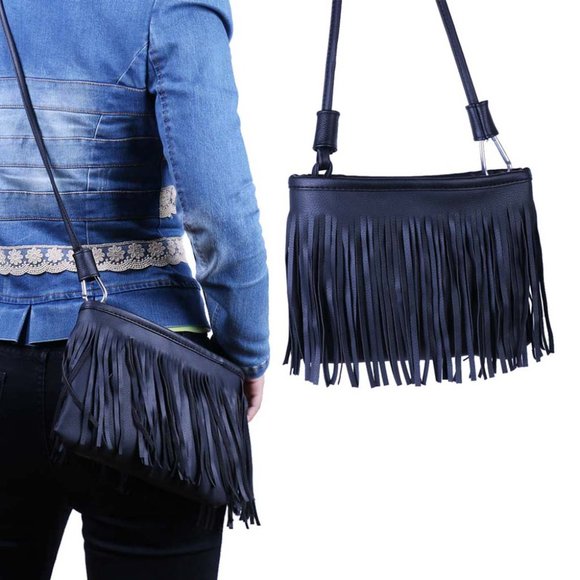 Women's Fringed Cross-Body Multifunctional Everyday Use Bag (Black) - Picture 1 of 3